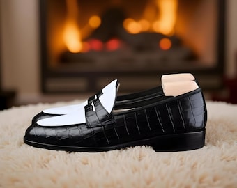 Handgemaakte leren mocassin zwart-witte jurk loafer herenschoenen