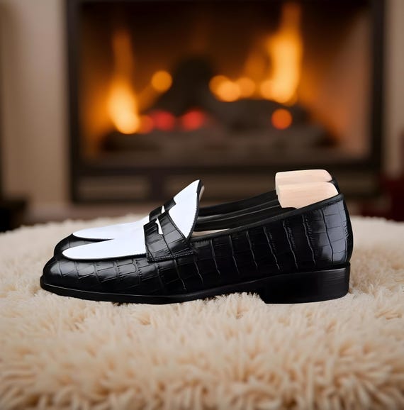 Handmade Leather Moccasin Black & White Dress Loafer Men Shoes