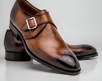 Men Two Tone Monk Burnished Brogue Toe Single Buckle Strap Genuine Leather Shoes