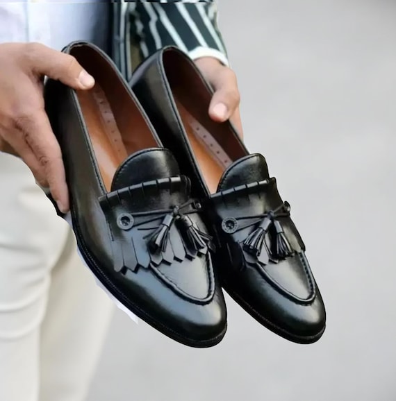 mens dress loafers with tassels New Black Fringes Penny Loafer Slip Ons Business Shoes For Short Prom Dresses duty comfort with distinctive Beautiful Bras to Wear Black tassel Color:Blush/Silver
