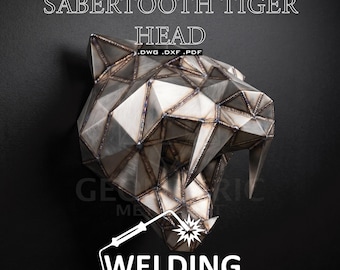 Låg poly metall liten storlek sabeltand tigerhuvud skulpturritningar, svetsmontering (digital nedladdning)