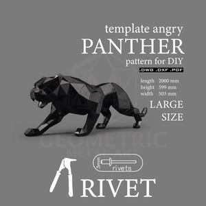 Może przedstawiać: Czarna geometryczna rzeźba pantery o fasetowanej powierzchni. Tekst: template angry PANTHER pattern for DIY .DWG .DXF .PDF length 2000 mm height 599 mm width 503 mm LARGE SIZE. Widoczna jest grafika nitownicy oraz nitów o średnicy 3mm.