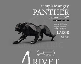Low Poly Metal Angry Panther Sculpture Template, Large Size Rivet Assembly (DXF, DWG, PDF)