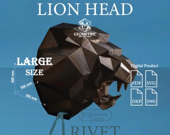 Planos para escultura de cabeza de león de metal de gran tamaño con pocos polígonos y ensamblaje mediante remaches (descarga digital)