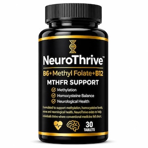 May include: A black bottle of NeuroThrive supplements with a gold label and a black cap. The label includes the text "B6+Methyl Folate+B12", "MTHFR SUPPORT", and "30 TABLETS". The bottle is on a white background.