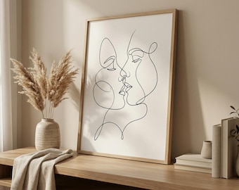 One Line Face Kiss Print, Minimal Abstract Couple Drawing, Modern Romantic Wall Decor