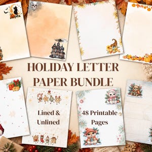Puede incluir: Un paquete de papel para cartas festivas que incluye 48 páginas imprimibles con diversos diseños estacionales. La colección contiene hojas con motivos de Halloween como fantasmas y calabazas, y temas navideños con Santa, animales y adornos.