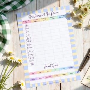 May include: A Self Assessment Tax Planner sheet with a light blue and yellow striped border. The document features columns for tracking monthly income and expenses, with months listed from April to March and a section for total amount saved.