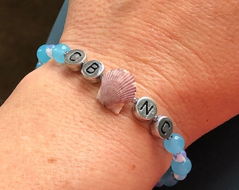 Carolina Beach Bracelet- CB NC Letter Bracelet- Carolina Blue Beads with Real Scallop Seashell- North Carolina Souvenir- 7 Inch Bracelet