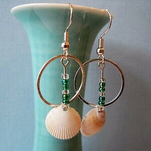 Clam Shell Earrings – Green Seed Beads, Sterling Silver Hooks