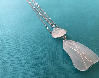 Double Strand White Sea Glass Necklace- Real NC Sea Glass- Beach Jewelry- Sterling Silver Wire Wrapped Sea Glass- 17-Inch Necklace