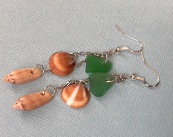 Sea Glass and Seashell Chain Earrings- Fun and Swingy Dangling Earrings- Mermaid Earrings- Real Seashells and Sea Glass- Boho Beach Jewelry