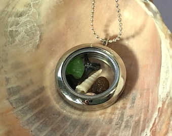 Ocean Locket Necklace- Glass Locket with Fossil Shark Teeth and Real North Carolina Sea Glass- Unique Beach Locket