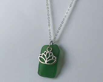 Sea Glass and Lotus Flower Necklace- Real North Carolina Sea Glass- Green Sea Glass- Sterling Silver- Yoga Jewelry
