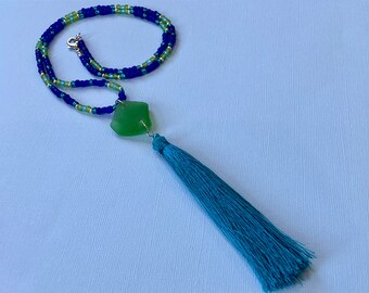 Beaded Sea Glass Necklace- Long Boho Necklace with Tassel- Real Sea Glass- North Carolina Beach Jewelry