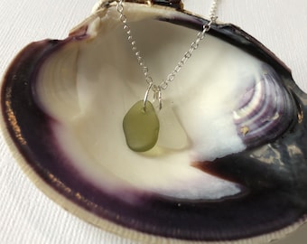 Green and White Sea Glass Necklace- Real Puerto Rican Sea Glass- Sterling Silver- Simple Beach Jewelry