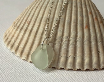 Pastel Green and White Sea Glass Necklace- Real Puerto Rican Sea Glass- Sterling Silver- Simple Beach Jewelry
