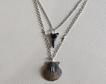 Double Strand Shark Tooth and Seashell Necklace- Real Shark Tooth and Scallop Shell- Surfer Necklace- North Carolina Beach Souvenir