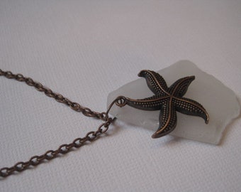Sea Glass and Starfish Necklace- Genuine White Sea Glass with Bronze Starfish- North Carolina Sea Glass Necklace