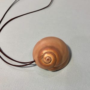 May include: A tan seashell pendant with a spiral design, attached to a brown cord. The pendant has a smooth, polished surface with a gradient of colors from light tan to a darker brown in the center. The cord is thin and appears to be leather.