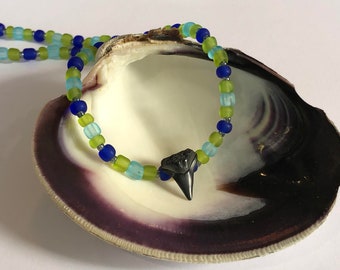 Shark Tooth Choker Necklace- Real Fossil Shark Tooth Choker- Beaded Choker- North Carolina Beach Souvenir- Simple Beach Jewelry