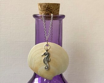 Seahorse and Seashell Charm Necklace- Sterling Silver Seahorse and Real Clam Shell- North Carolina Beach Souvenir- Simple Beach Jewelry