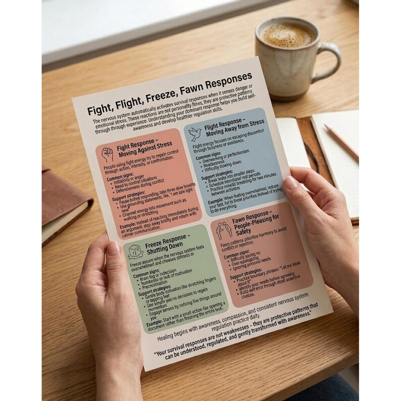 Fight Flight Freeze Fawn Responses Cheat Sheet, Trauma Response Guide ...