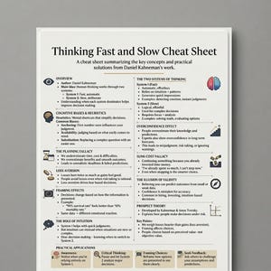 Op de afbeelding: Een witte en beige spiekbrief met de titel "Thinking Fast and Slow Cheat Sheet" die concepten uit het werk van Daniel Kahneman samenvat. De sheet bevat secties over cognitieve biases, de planningsfout, verliesaversie, framing-effecten en de twee denksystemen.