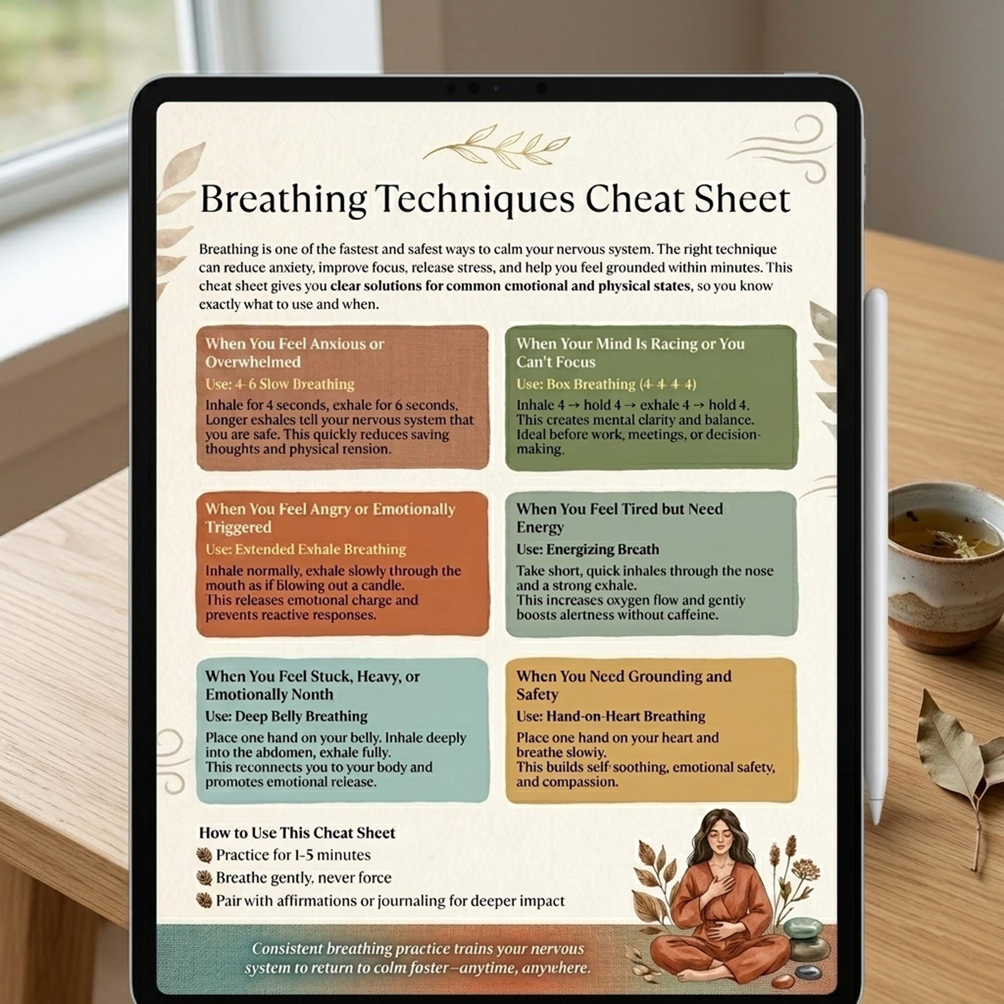 Calming Breathing Techniques Cheat Sheet for Anxiety, Stress and ...