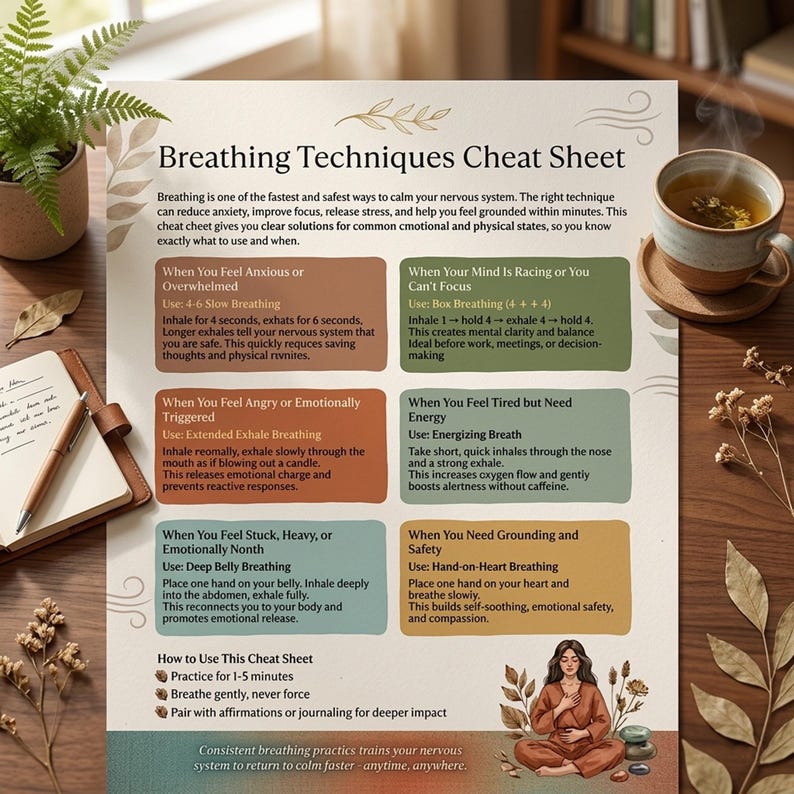 Calming Breathing Techniques Cheat Sheet for Anxiety, Stress and ...