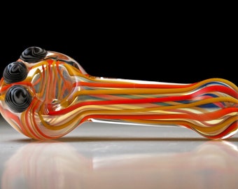 Thick Hand Blown Glass Pipe with Orange and Yellow Stripes