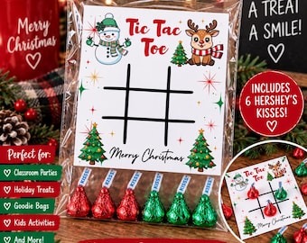 May include: A clear plastic bag containing a Tic Tac Toe game card with a snowman, a reindeer, and Christmas trees. The card features the text Tic Tac Toe and Merry Christmas. Six Hershey's Kisses in red and green foil are included.