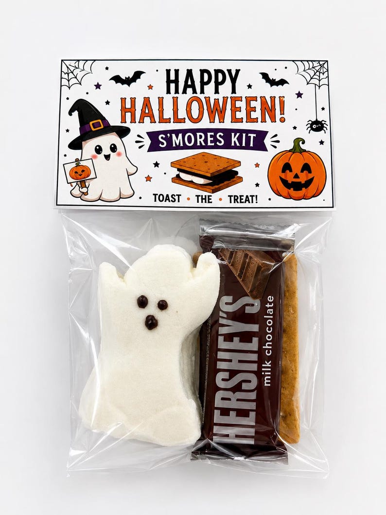 May include: A clear plastic bag containing a Halloween s'mores kit with a ghost-shaped marshmallow, a Hershey's milk chocolate bar, and a graham cracker. The header card features a ghost, a pumpkin, and the text HAPPY HALLOWEEN! S'MORES KIT.