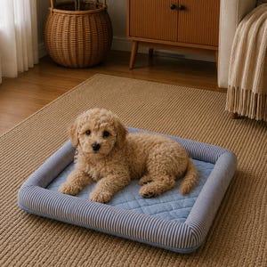 Puede incluir: Un cachorro de pelo rizado color marrón claro descansa sobre una cama rectangular para mascotas. La cama presenta un cojín central acolchado en azul claro rodeado por un borde elevado con un patrón de rayas verticales azul y blanco.