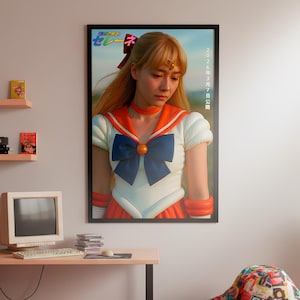 Pode incluir: Um pôster emoldurado com uma mulher em uma roupa inspirada em Sailor Moon, com uma parte superior branca, gola laranja e laço azul. O pôster é exibido em uma parede acima de uma mesa com um computador e teclado vintage. Uma cadeira de saco colorida está no chão.