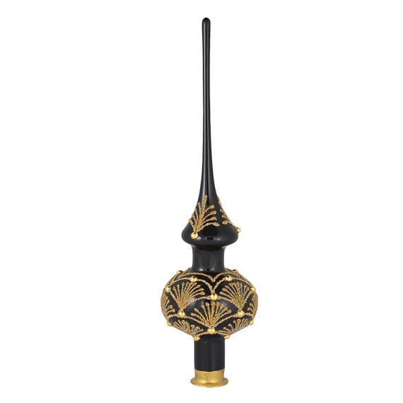 Hand Blown Glass Christmas Tree Topper, Black and Gold Ornament