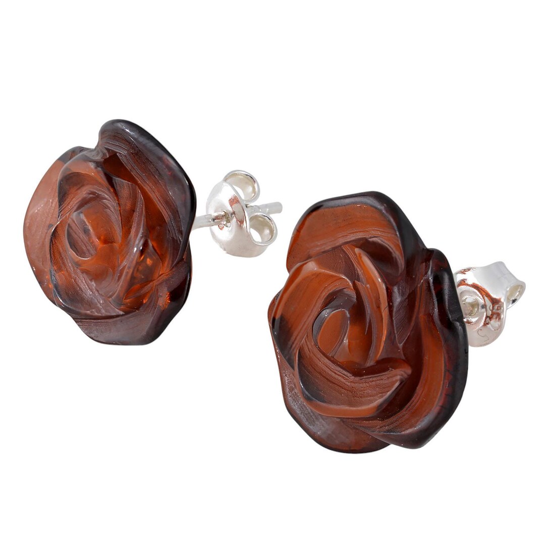 Hand Carved Cherry Baltic Amber Rose Stud Earrings, Sterling Silver ...