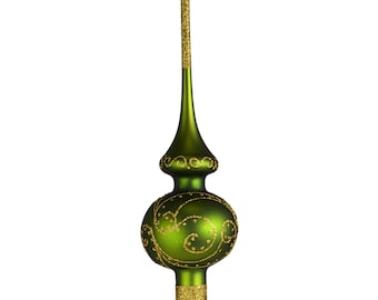 Puntale per albero di Natale in vetro soffiato a mano, verde con glitter dorati