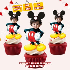 May include: Three cupcake toppers featuring a child's face in a Mickey Mouse costume. The toppers are on red cupcakes with white frosting. The image includes text that says "DIFFERENT DESIGN", "ALL SIZE", "24 HOURS", "BIRTHDAY SPECIAL PRINTABLE CUPCAKE TOPPERS".