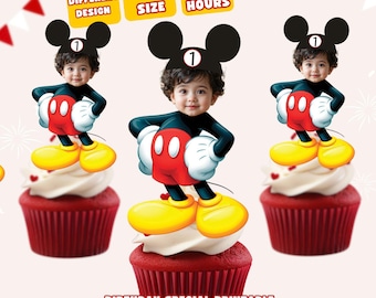 Adornos personalizados para cupcakes de cumpleaños de Mickey Mouse: cara personalizada, 6 poses (descarga digital instantánea)