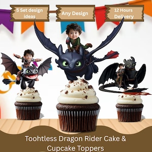Puede incluir: Cupcakes con adornos de un dragón y un niño jinete. Los cupcakes tienen glaseado blanco y chispas de chocolate. La imagen incluye texto que dice "5 ideas de diseño", "Cualquier diseño" y "Entrega en 12 horas".
