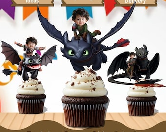 Adornos personalizados para cupcakes de dragón desdentado: Decoración personalizada para fiesta de cumpleaños de dragón (descarga digital)