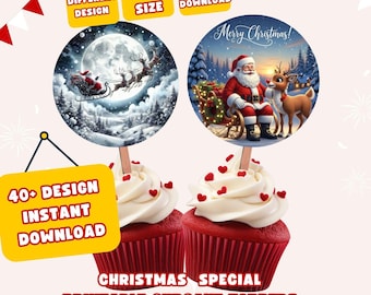 Adornos navideños para cupcakes imprimibles / Más de 40 diseños de descarga instantánea / Decoración navideña de Papá Noel
