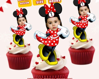 Adornos personalizados para cupcakes de Minnie con foto de niña (descarga digital)