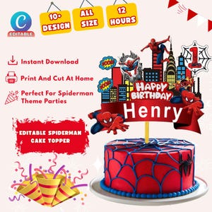 Könnte beinhalten: Ein roter Kuchen mit blauem Spinnennetz-Design und einem Spiderman-Kuchendekor. Das Dekor zeigt Spiderman-Figuren, eine Skyline und den Text "Happy Birthday Henry". Ideal für eine Spiderman-Themenparty.