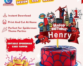 Adorno editable para tarta de cumpleaños de Spiderman/Decoración imprimible para fiesta (Plantilla Canva)