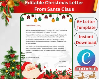 Plantilla de carta personalizada para Papá Noel, imprimible y editable (descarga digital)