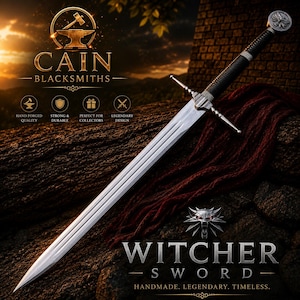 May include: A steel sword with a pointed blade, a crossguard, and a black wrapped handle featuring a circular pommel. The blade is engraved with a wolf head emblem. Text on the image includes CAIN BLACKSMITHS and WITCHER SWORD.