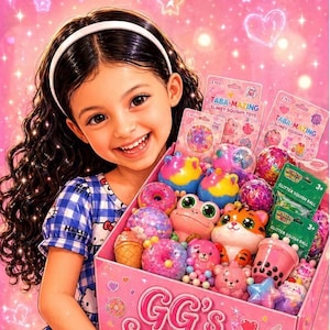 May include: A pink box labeled GG's Squishy Box filled with various colorful squishy toys, including animal figures, donuts, and glitter balls. The box features printed graphics of hearts, donuts, and cupcakes, with Taba-Mazing and Novelty World branding.