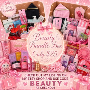 May include: A pink beauty bundle box filled with various beauty products, including skincare, makeup, and accessories. The box features a pink bow and the text "Beauty Bundle Box Only $25". The image also includes the text "Check out my listing on my Etsy shop and use code: BEAUTY at checkout."